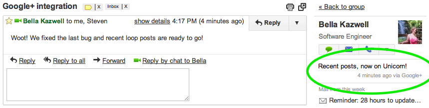 Mensajes de Google+ en la barra lateral de Gmail Mensajes de Google+ en la barra lateral de Gmail